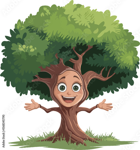 Happy cartoon tree character vector illustration with smiling face green leaves and friendly expression
