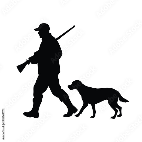 Silhouette of a Hunter and Dog Walking Together An Illustration of Hunting Traditions and Camaraderie in the Outdoors