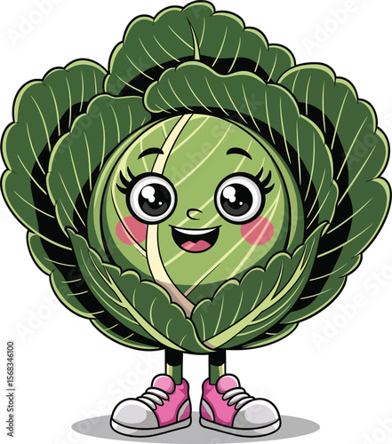 Funny cartoon cabbage vector character with happy face and shoes for kids healthy food art design  
