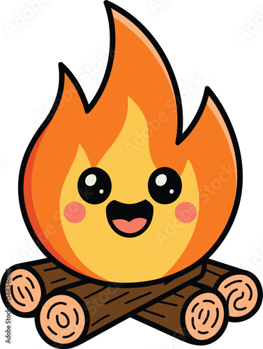 Cute cartoon campfire vector illustration with happy smiling face orange flame and wood logs design
