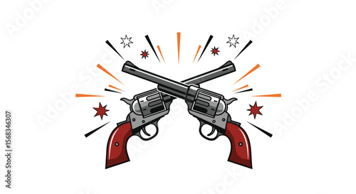 Two Crossed Revolvers Emblematic of the Wild West and Frontier Duels with Decorative Starburst Accents