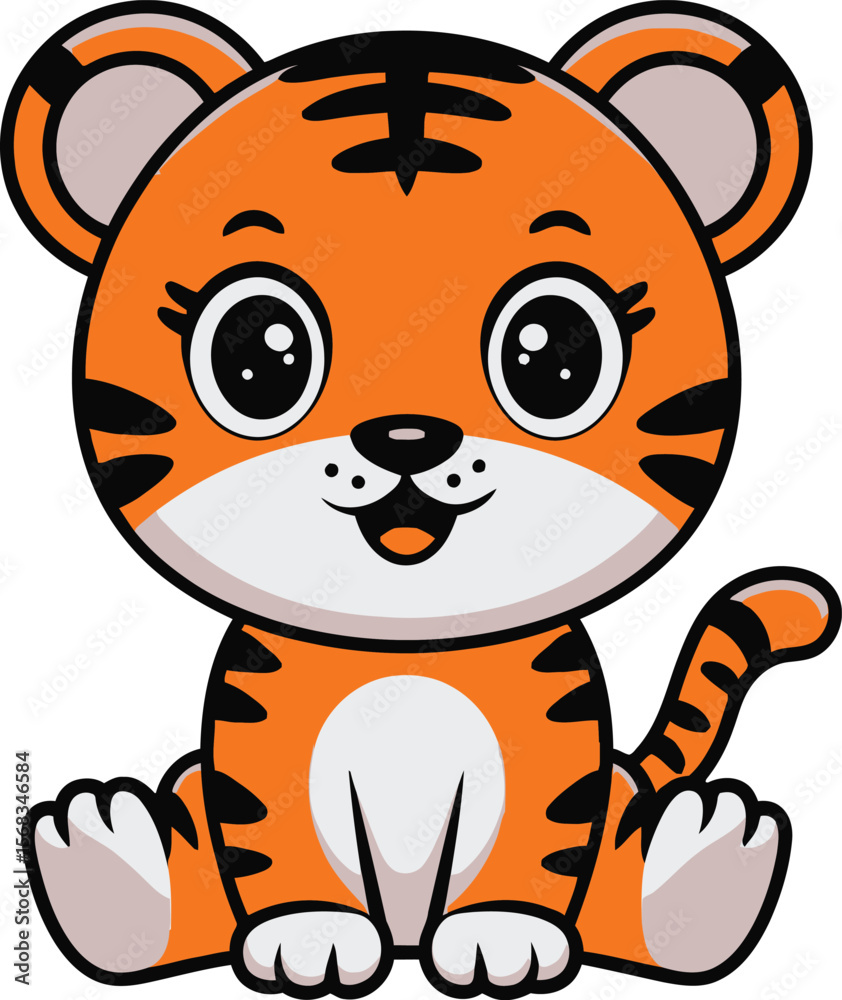 Fototapeta premium Cute cartoon tiger animal vector with big eyes and orange stripes sitting on white background 