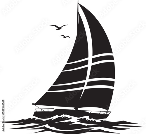 Simple black and white silhouette of a sailboat on wavy water.