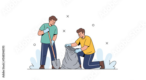 Two young men engaged in a community cleanup effort filling a large trash bag with waste using a shovel to assist their work