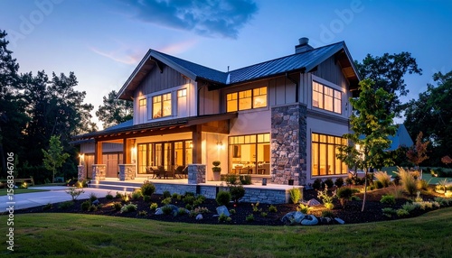 At Twilight A Luxurious Home Exterior In Beautiful Modern Farmhouse Style