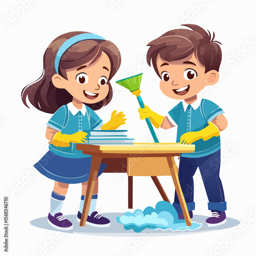 Two kids clean a classroom by sweeping the floor and wiping desks, showing teamwork, responsibility, and care for shared spaces through hands-on involvement