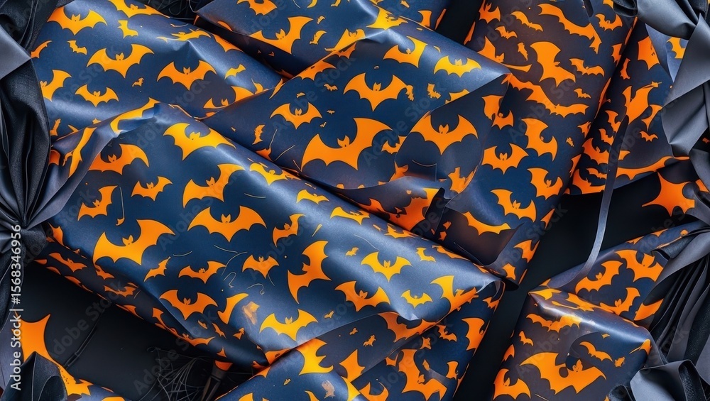 Seamless texture of Halloween bat silhouettes on dark blue and orange background perfect for spooky party decorations, wrapping paper, seasonal crafts, festive designs, and autumn celebrations Seamless texture of Halloween bat silhouettes on dark blue and orange background perfect for spooky party decorations, wrapping paper, seasonal crafts, festive designs, and autumn celebrations