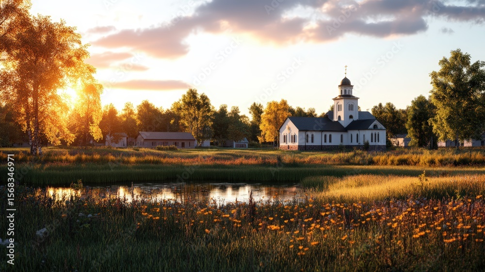 Fototapeta premium Idyllic rural landscape with historic church surrounded by lush trees du sunset in peaceful countryside setting