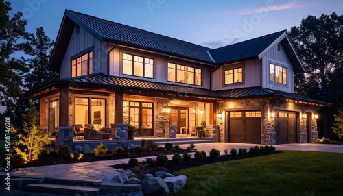 At Twilight A Luxurious Home Exterior In Beautiful Modern Farmhouse Style