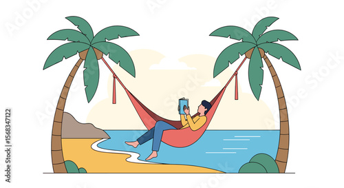 Relaxing Person Reading Book in Hammock Between Two Palm Trees on Tropical Beach with Ocean and Island Background Enjoying Vacation Time