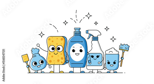 Cheerful cartoon cleaning supplies with happy faces and sparkling effects symbolizing cleanliness and hygiene in homes