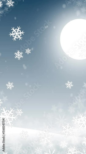 Digital animation of snowflakes falling over winter landscape and moon in the sky