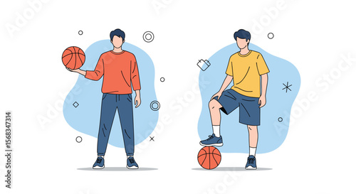 Two Athletic Men Playing Basketball Showcasing Their Skills and Posing with the Ball in a Dynamic Sports Scene