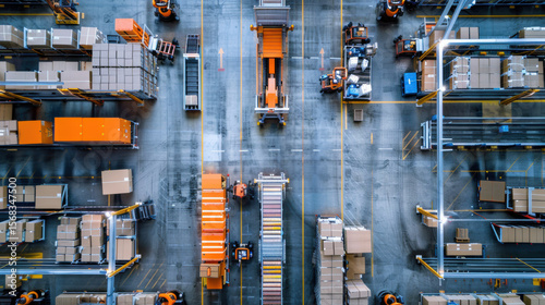 Bird's eye view of modern fulfillment center with geometric arrangement of robotic stations, clean industrial design, organized efficiency