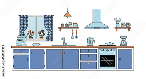 A charming kitchen interior featuring blue cabinetry and a window with checkered curtains and potted plants
