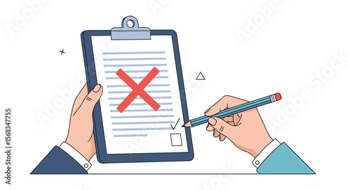 A person marks a document with a red cross on a clipboard with a pencil and checks off a box on the document with a pencil