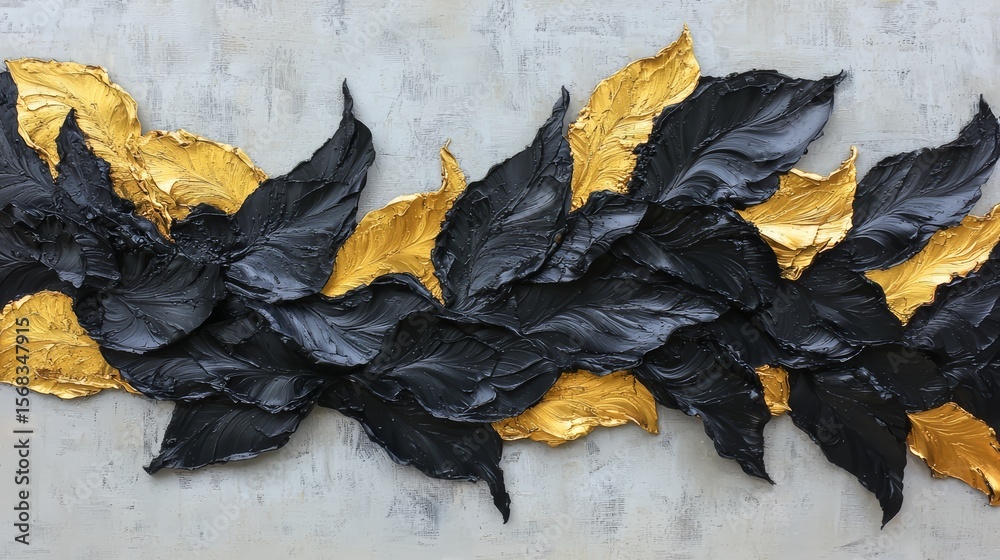 Obraz premium Painting of leaves with gold and black colors. The leaves are arranged in a line and some are overlapping. The painting has a sense of depth and texture, with the gold
