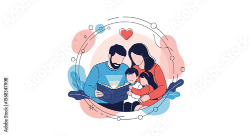 Illustrative depiction of a happy family gathered around reading a book together fostering bonding and learning moments
