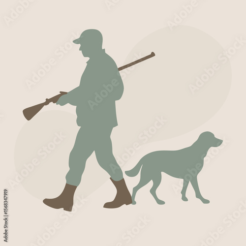 Silhouette of Hunter Walking with Dog Carrying a Rifle Through a Field on Beige Background Artistic Rendering