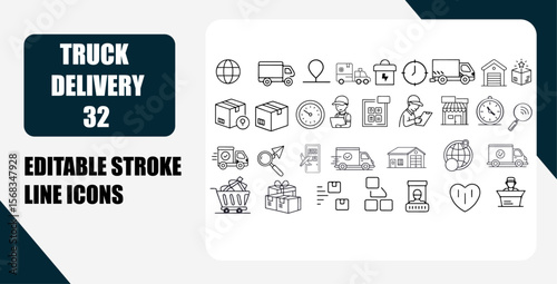 32 Editable Stroke Line Icons Truck Delivery & Logistics