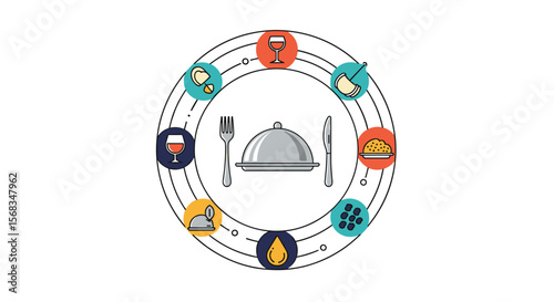 Circular diagram illustrating various food elements and culinary concepts presented in a modern flat design style for presentations and infographics