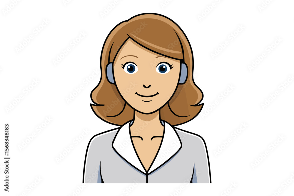 Fototapeta premium Smiling Support: A friendly woman, rendered in a vibrant illustration, embodies helpful customer service with headphones, ready to assist and guide.