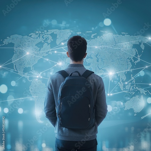 Man with Backpack Facing World Map