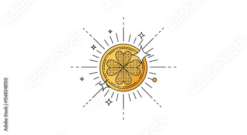 A Radiant Golden Coin Embellished with a Four Leaf Clover Pattern Surrounded by Rays of Light and Sparkles on a White Background