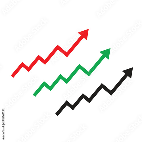 Zigzag Arrow Chart Icon Set – Red, Green, and Black Upward Trend Arrows Representing Business Growth, Stock Market Rise, and Economic Data Progress