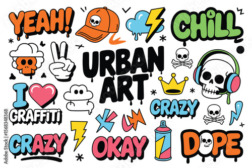 Hand-Drawn Graffiti Vector Set – Cartoon Doodles and Urban Street Art Elements for Apparel Prints, Posters, Stickers, and Creative Projects in Bold Artistic Style

