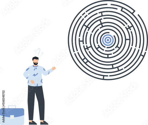 Business Strategy Maze Illustration: Businessman Pondering Complex Solutions, Problem Solving, Finding the Right Path, Corporate Challenge, Strategic Planning, Goal Achievement

