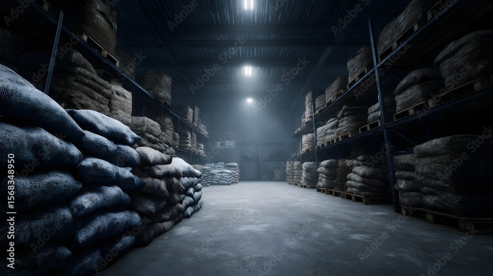 Fototapeta premium Moody storage warehouse filled with seasonal inventory