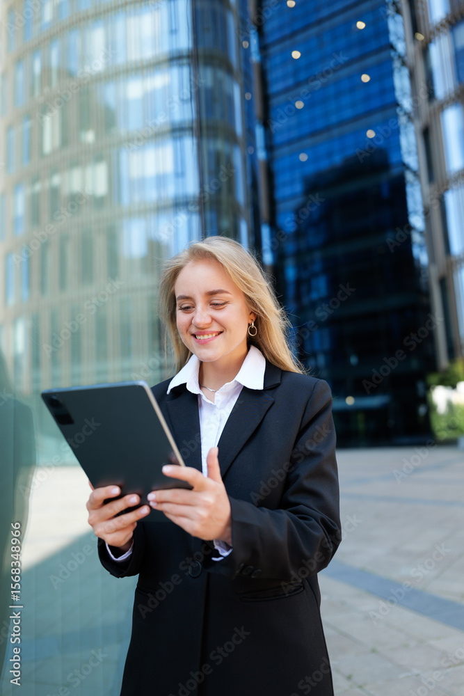 Business professional enjoys technology in modern city setting surrounded by skyscrapers and glass architecture Business professional enjoys technology in modern city setting surrounded by skyscrapers and glass architecture