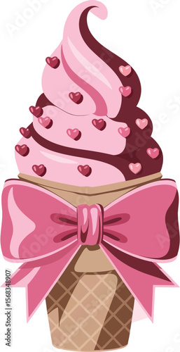 Pink ice cream cone vector with chocolate swirl heart sprinkles and decorative ribbon bow design
