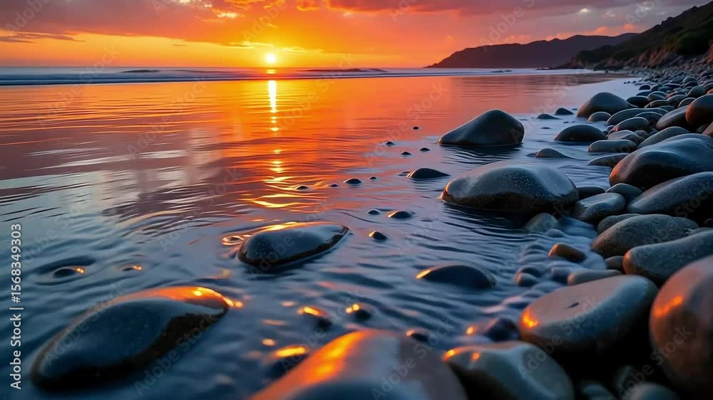 Serene beach scene showcasing smooth rocks, tranquil water, and a breathtaking sunset over the calm ocean
