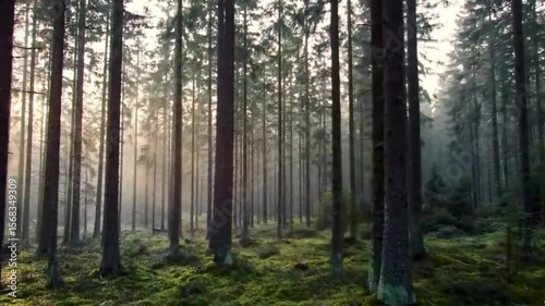 Wallpaper Mural Misty Morning in Enchanted Forest, Tall Pine Trees, Vibrant Green Moss, Peaceful Scene Torontodigital.ca