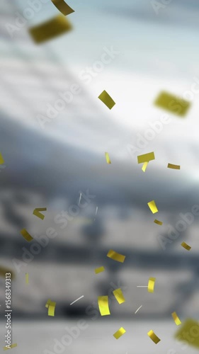 Animation of golden confetti falling over empty sports stadium