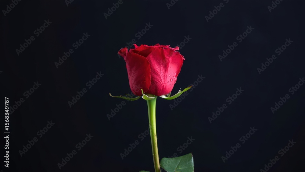 Obraz premium A single red rose with dew drops on its petals, set against a dark background. The vibrant bloom conveys elegance and romance.