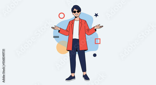 Modern stylish person posing with abstract geometric shapes and floating elements showing confidence and individuality