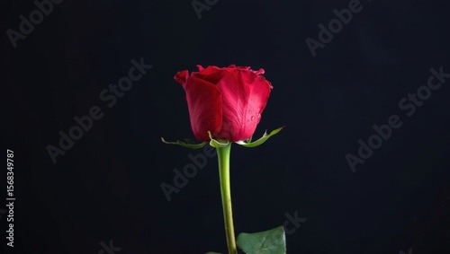 A single red rose with dew drops on its petals, set against a dark background. The vibrant bloom conveys elegance and romance.