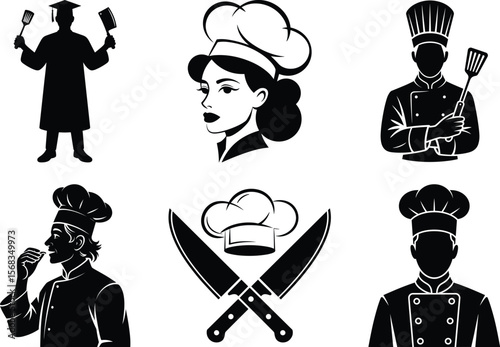 Chef Silhouette vector black on white background, kitchen staff Vector isolated Art. Chef cooking graphic illustration.