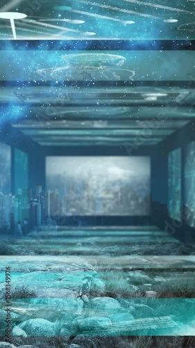 Digital composite video of screens with data processing against cityscape
