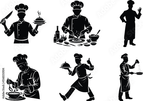 Chef Silhouette vector black on white background, kitchen staff Vector isolated Art. Chef cooking graphic illustration.