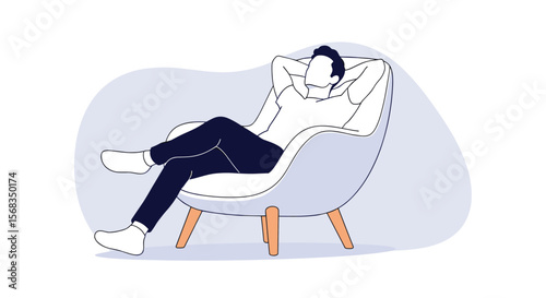 Relaxed man comfortably lounging in a modern armchair with hands behind his head enjoying a peaceful moment of leisure and calm