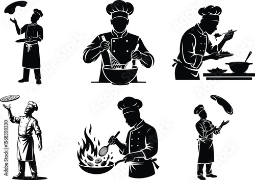 Chef Silhouette vector black on white background, kitchen staff Vector isolated Art. Chef cooking graphic illustration.
