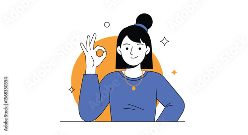 A young woman with a bun hairstyle wearing a blue sweater gives an okay hand gesture with a smile