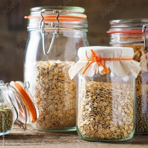 Three glass jars filled with various dry foods, including rolled oats and grains, sit on a rustic wooden surface. The jars have metal clasps and orange seals.