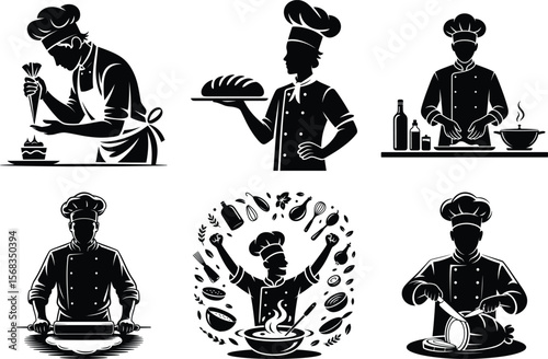 Chef Silhouette vector black on white background, kitchen staff Vector isolated Art. Chef cooking graphic illustration.