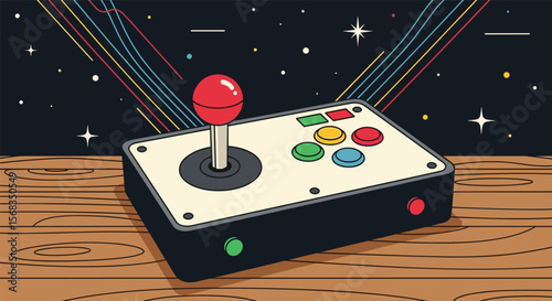 Classic Arcade Joystick Controller with Colorful Buttons on a Wooden Surface Under a Starry Cosmic Sky with Light Rays