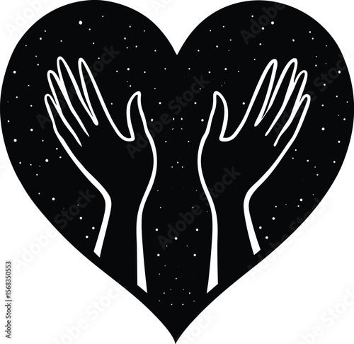 Vector art of two hands reaching up inside a heart shape with stars
